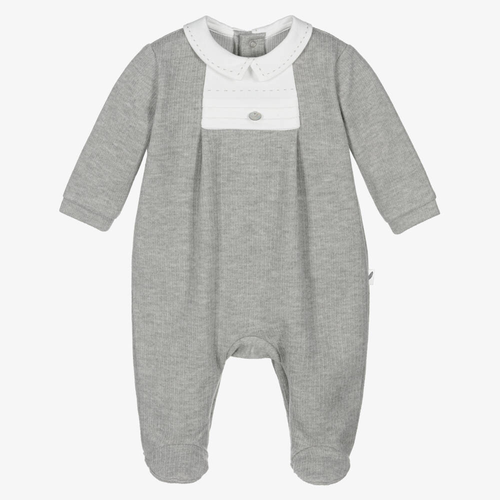 Pureté Du... Bébé-Grey Ribbed Babygrow with Ivory Twill Collar | Childrensalon Outlet
