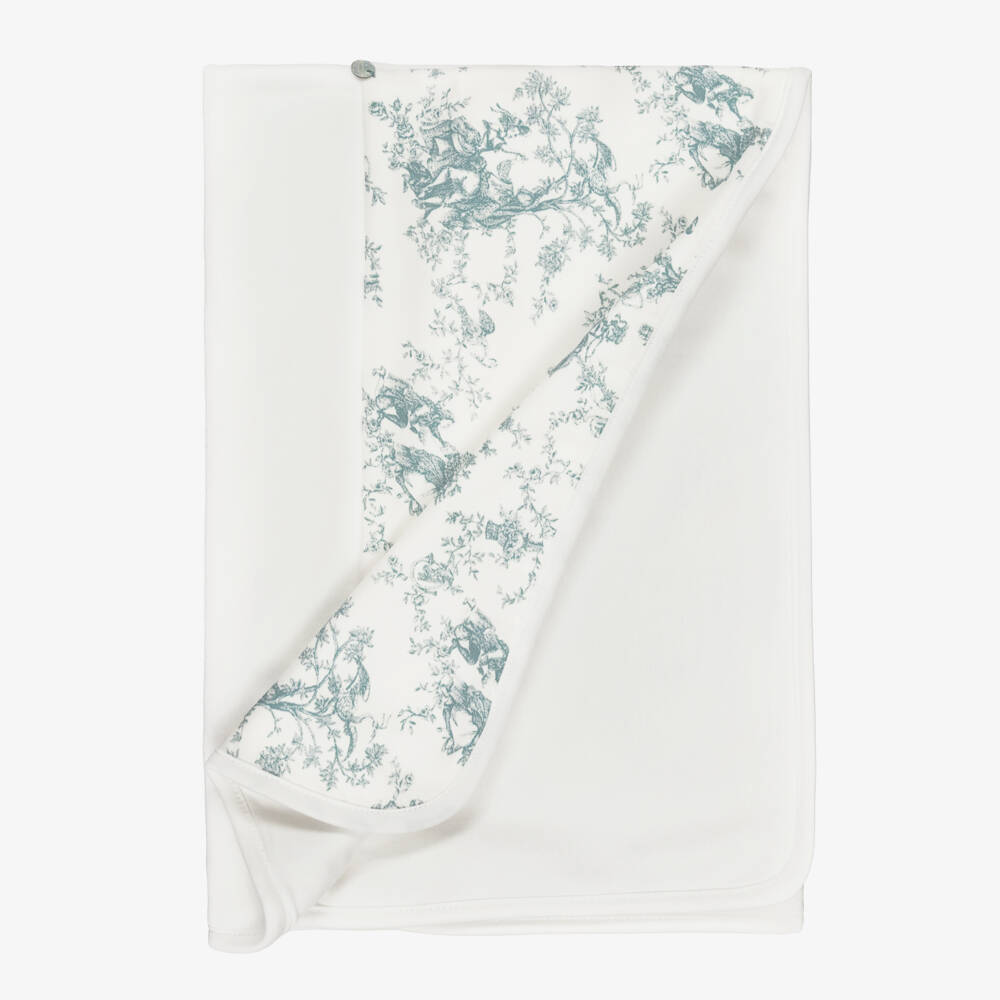 Pureté Du... Bébé-Ivory & Green Toile De Jouy Velour Baby Blanket (76cm) | Childrensalon Outlet