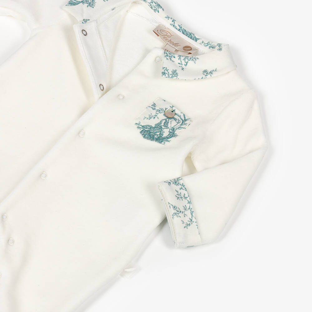 Pureté Du... Bébé-Ivory Velour Babygrow with Green Toile De Jouy Trims | Childrensalon Outlet