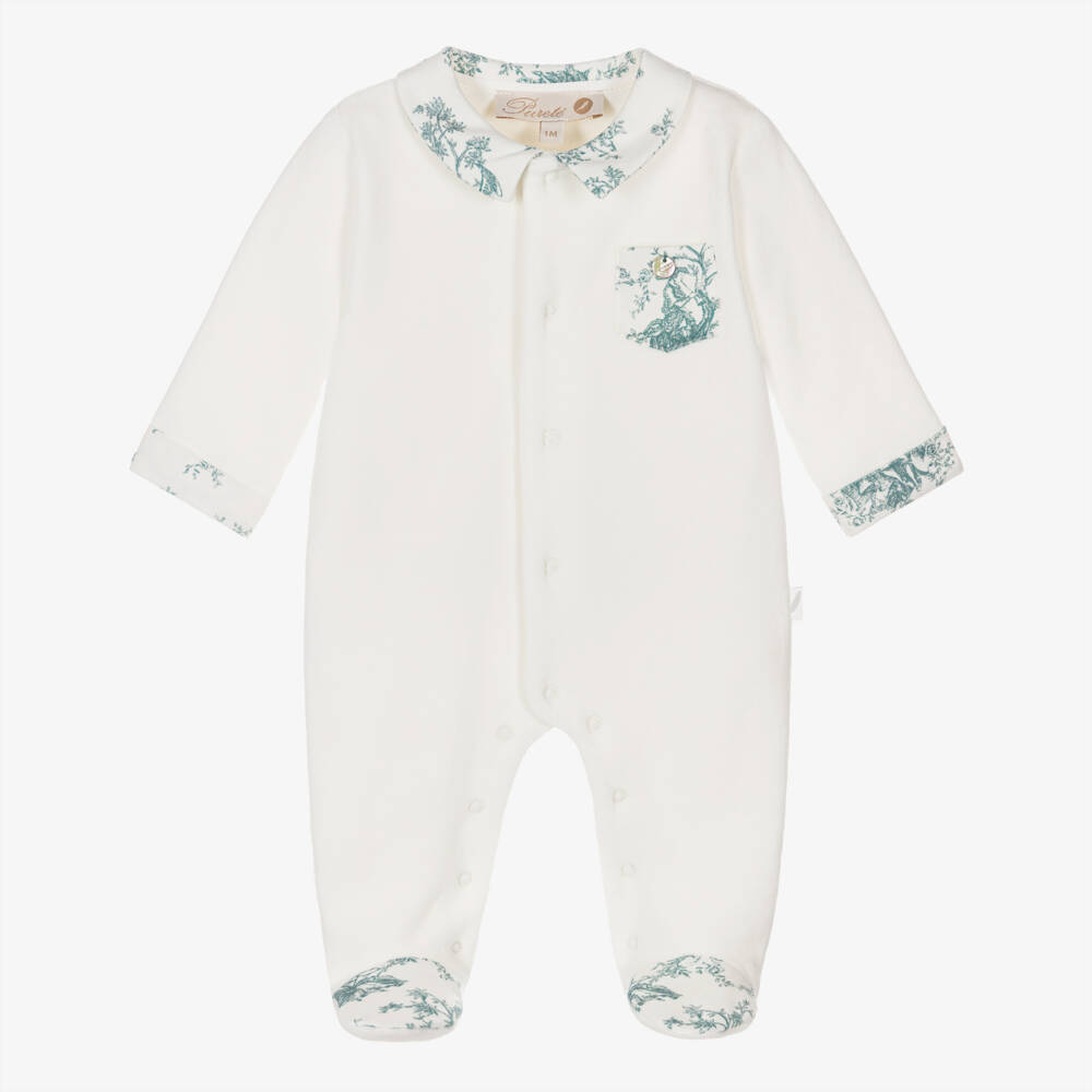 Pureté Du... Bébé-Ivory Velour Babygrow with Green Toile De Jouy Trims | Childrensalon Outlet