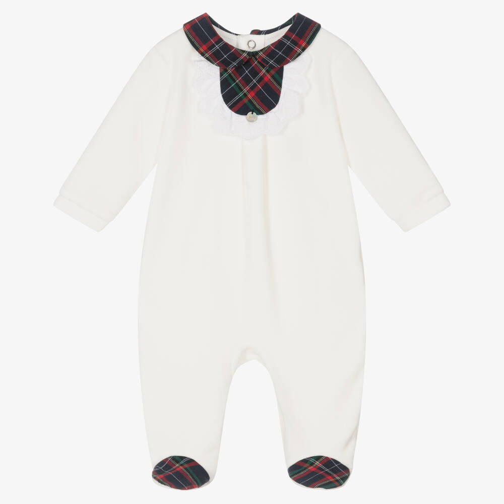 Pureté Du... Bébé - Ivory Velour & Tartan Babygrow | Childrensalon