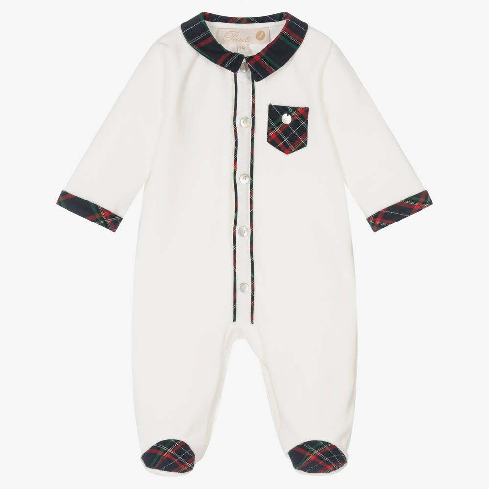 Pureté Du... Bébé - Ivory Velour & Tartan Babygrow | Childrensalon