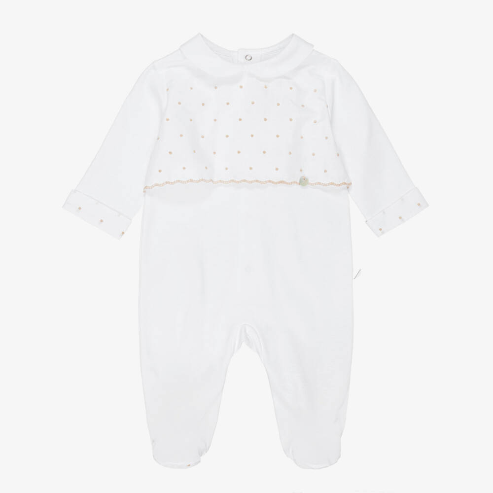 Pureté Du... Bébé-White & Beige Embroidered Cotton Babygrow | Childrensalon Outlet