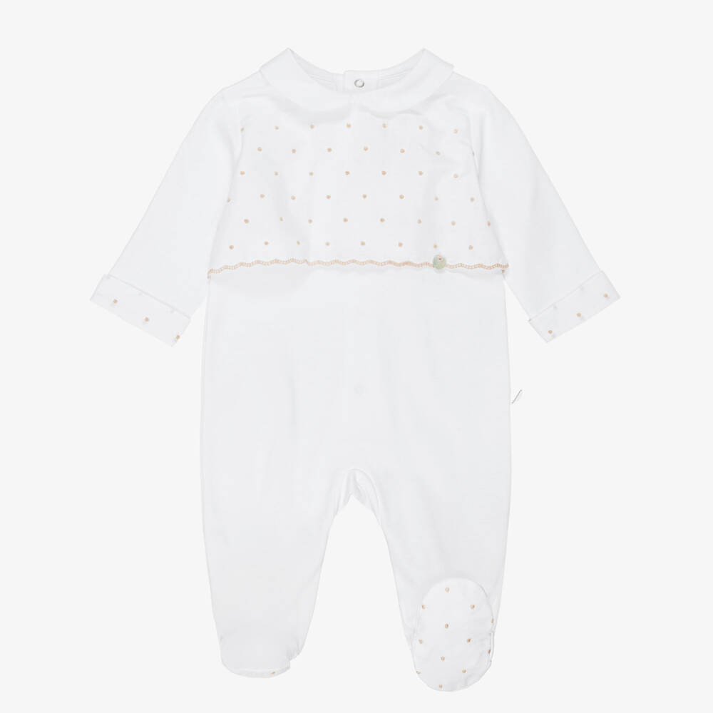 Pureté Du... Bébé-White & Beige Embroidered Cotton Babygrow | Childrensalon Outlet