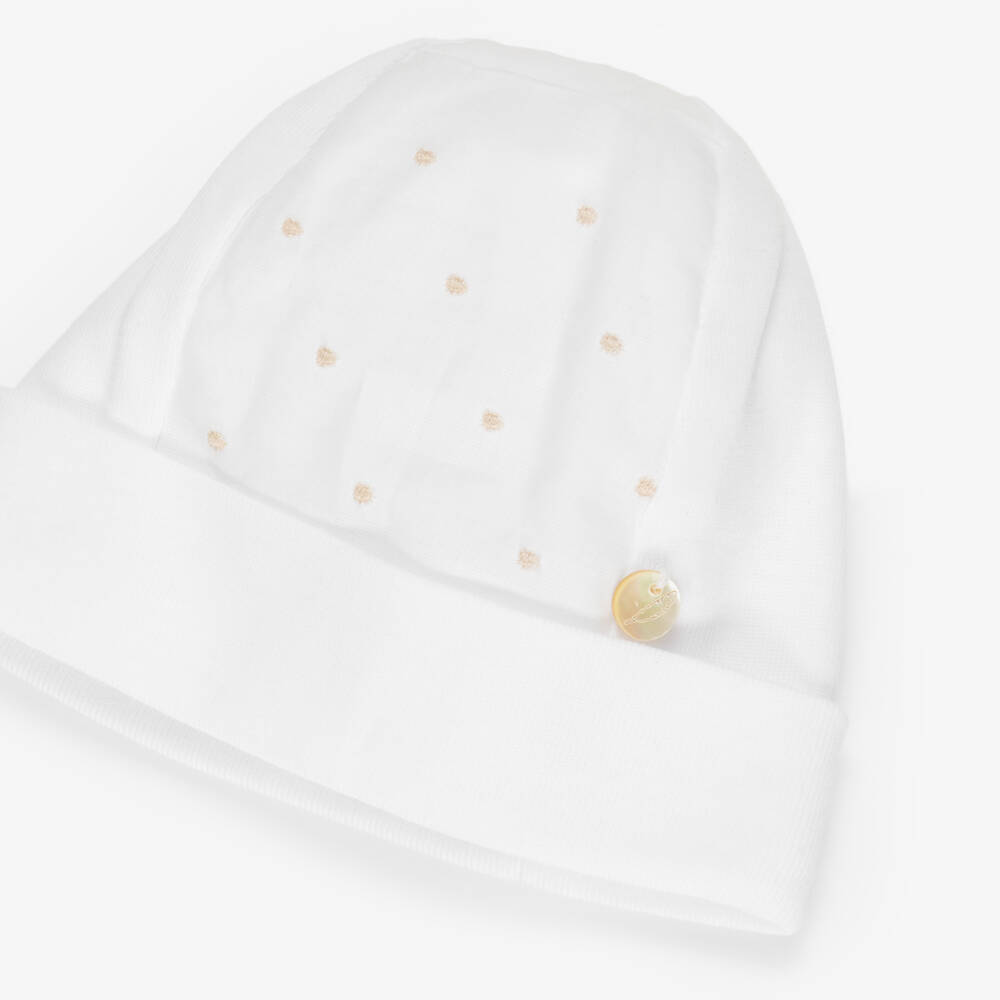 Pureté Du... Bébé-White & Beige Layette Hat with Embroidered Dots | Childrensalon Outlet