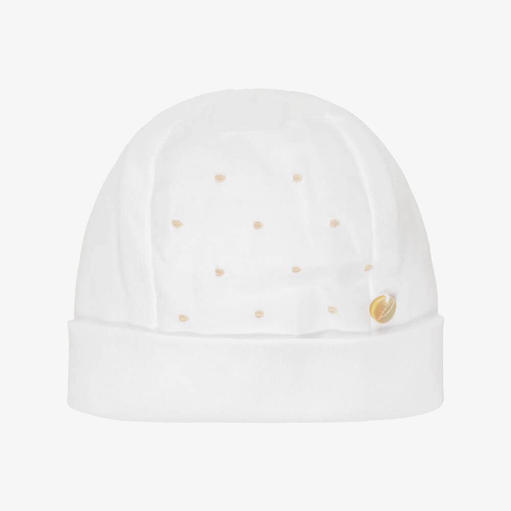 Pureté Du... Bébé-White & Beige Layette Hat with Embroidered Dots | Childrensalon Outlet