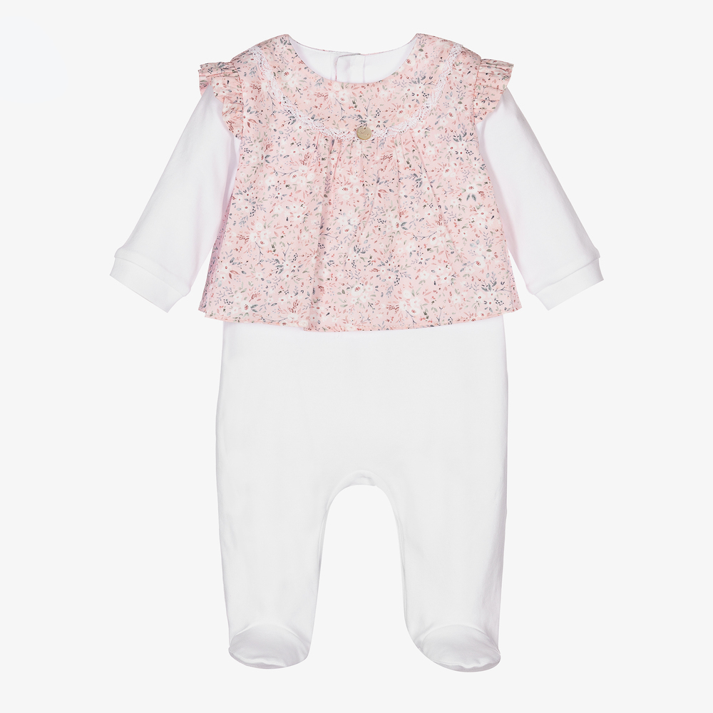 Pureté Du... Bébé-White & Pink Floral Babygrow  | Childrensalon Outlet