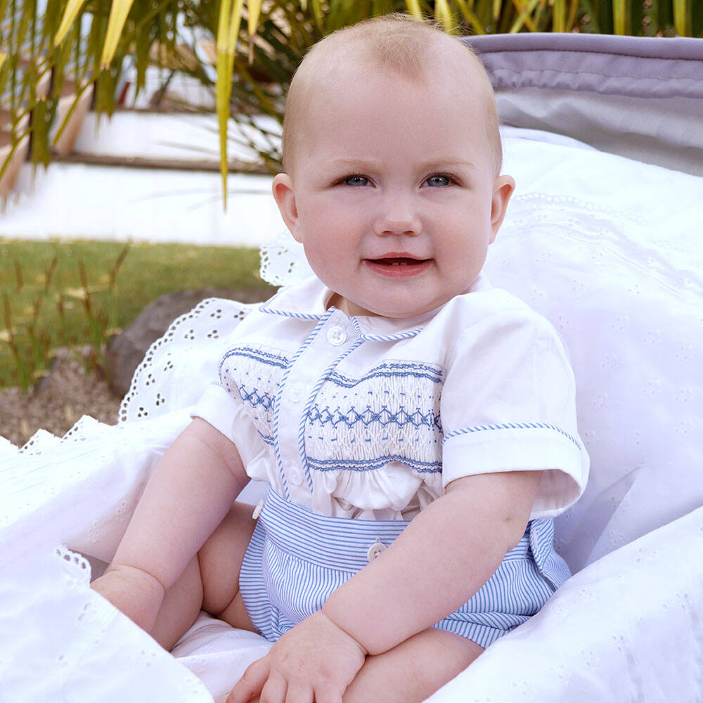 Rachel Riley-Baby Boys Blue Cotton Smocked Buster Suit | Childrensalon Outlet
