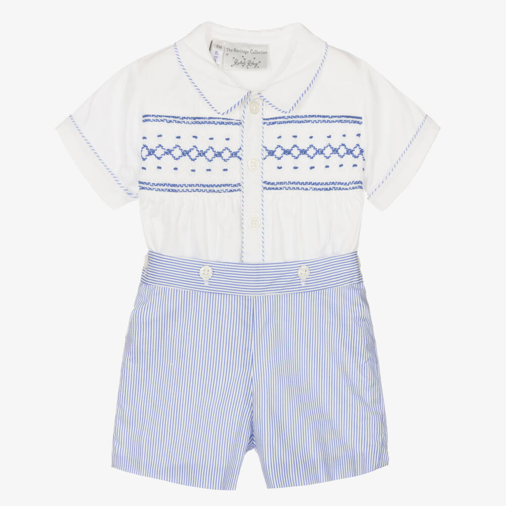 Rachel Riley-Baby Boys Blue Cotton Smocked Buster Suit | Childrensalon Outlet