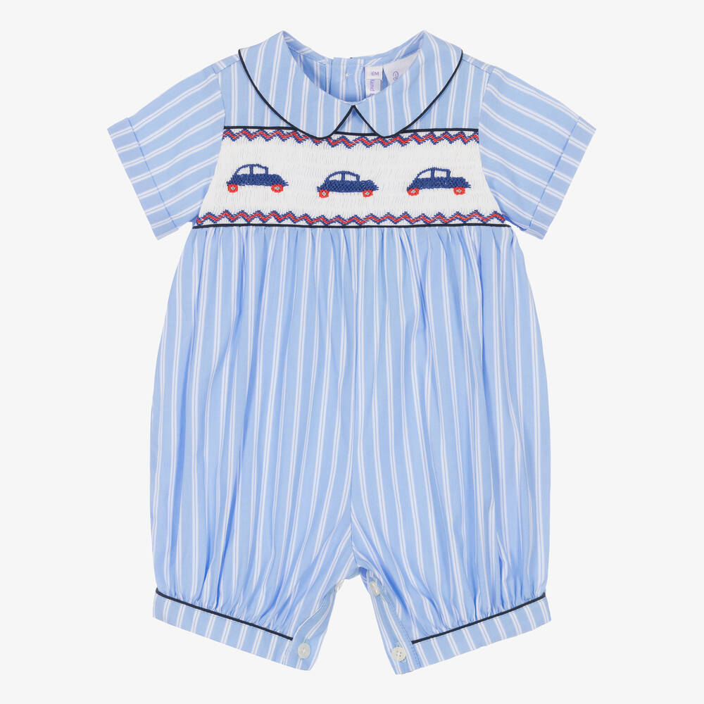 Rachel Riley - Baby Boys Blue Striped Smocked Shortie | Childrensalon