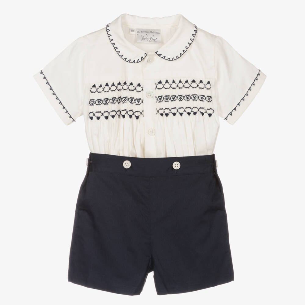 Rachel Riley-Baby Boys Navy Blue Smocked Buster Suit | Childrensalon Outlet