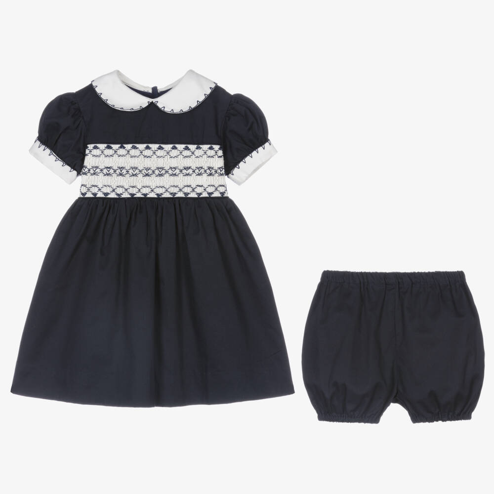 Rachel Riley-Baby Girls Blue Cotton Hand-Smocked Dress | Childrensalon Outlet