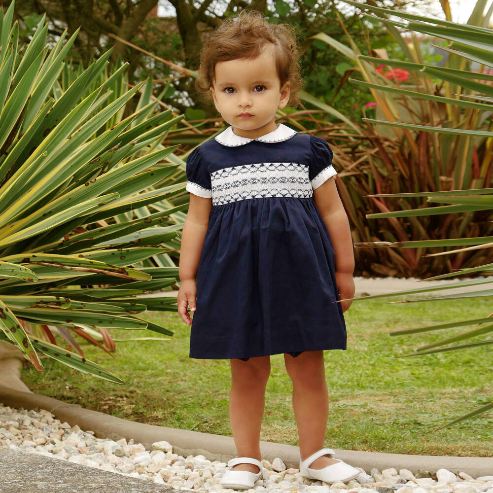 Rachel Riley-Baby Girls Blue Cotton Hand-Smocked Dress | Childrensalon Outlet