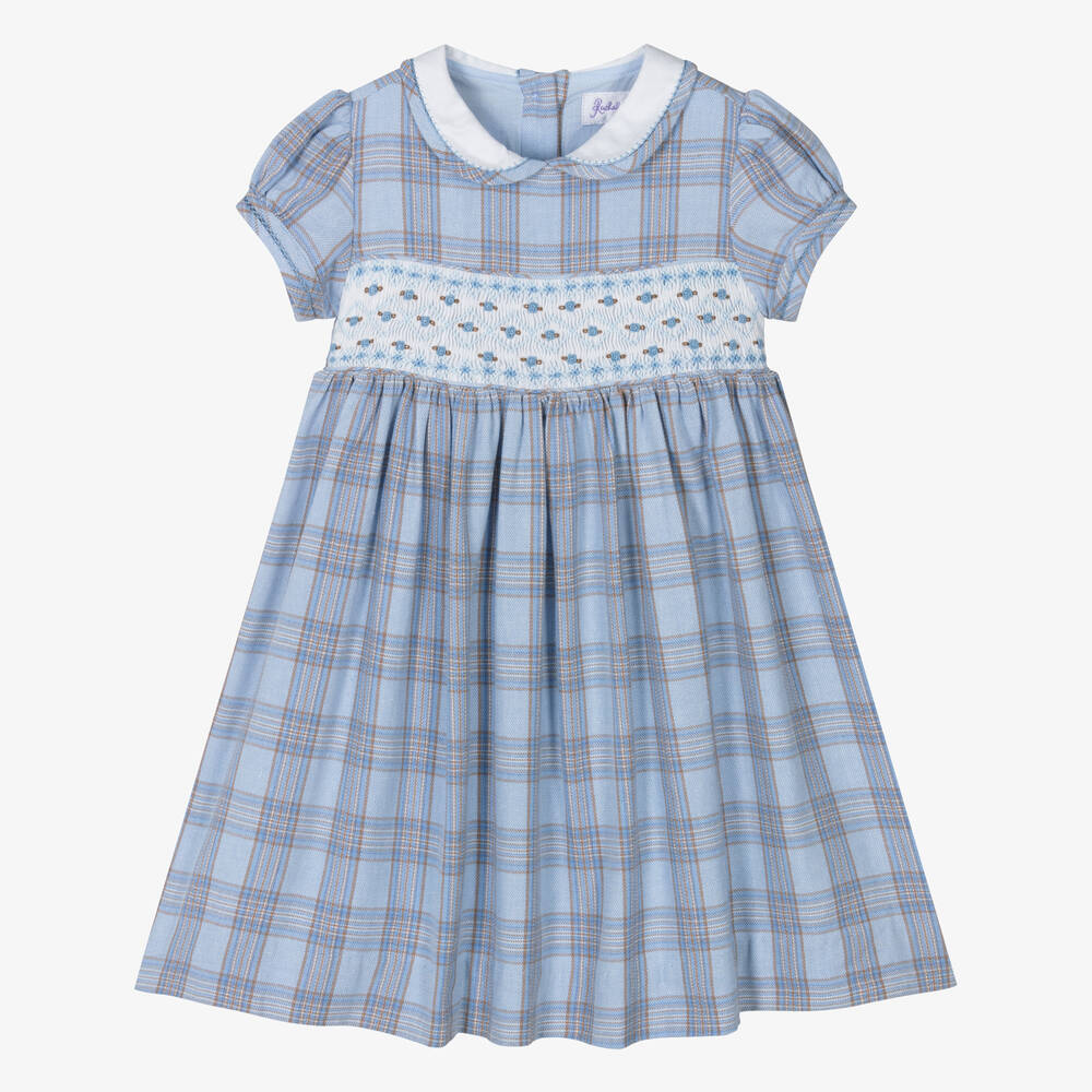 Rachel Riley - Голубое хлопковое платье со сборками ручной работы | Childrensalon