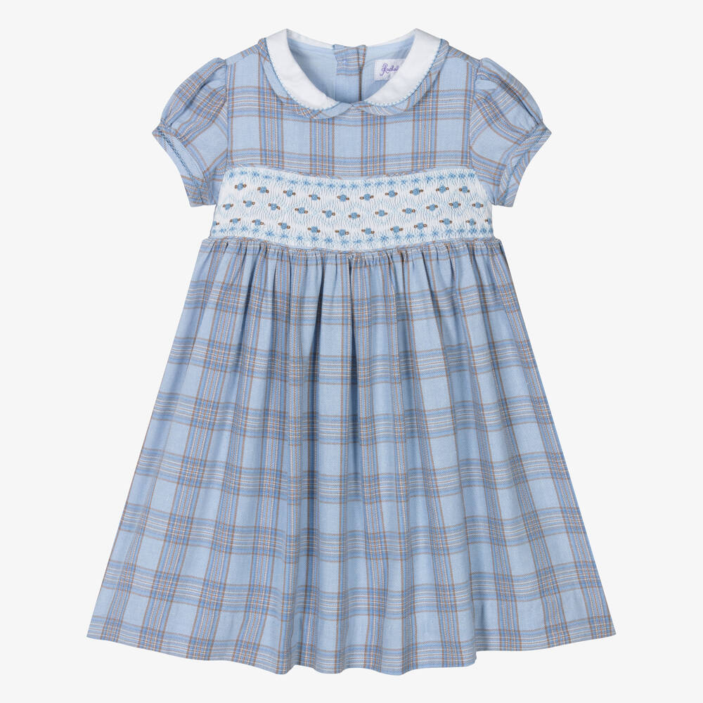 Rachel Riley - Robe bleue smockée en coton bébé | Childrensalon