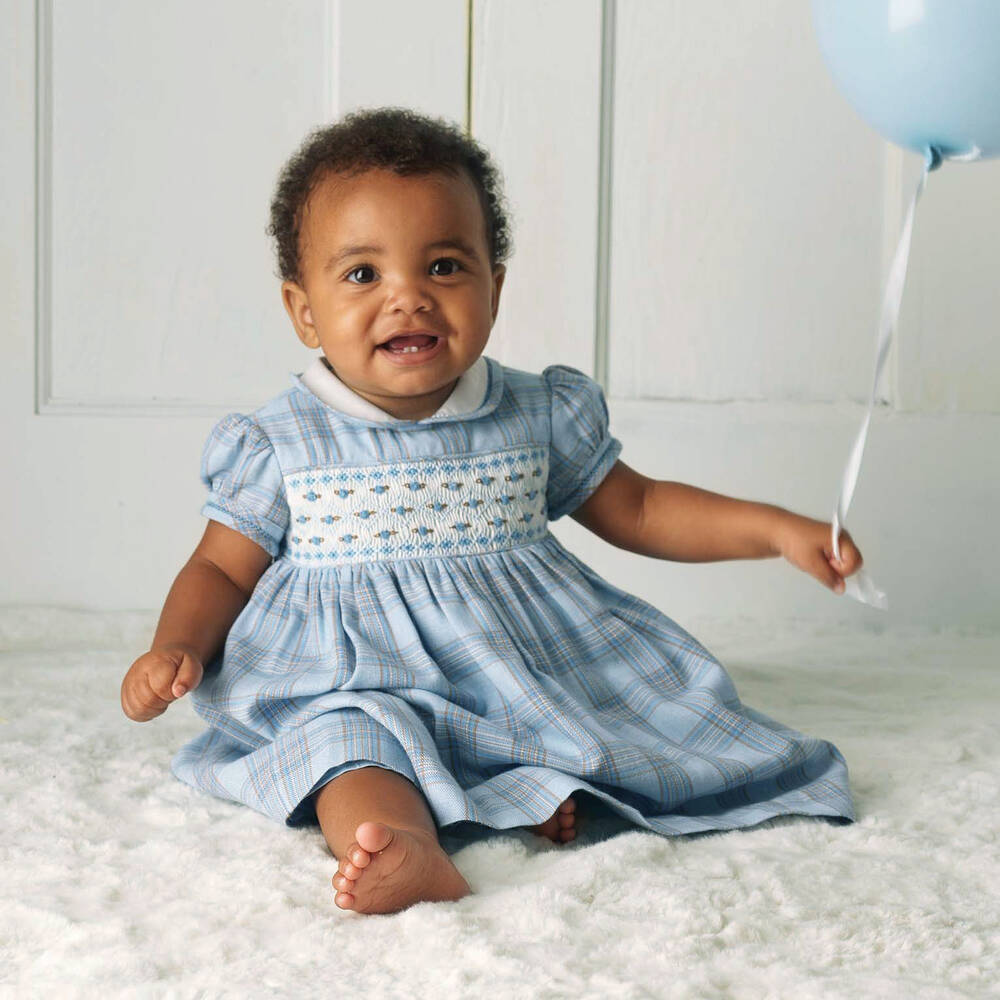 Rachel Riley-Baby Girls Blue Hand-Smocked Cotton Dress | Childrensalon Outlet
