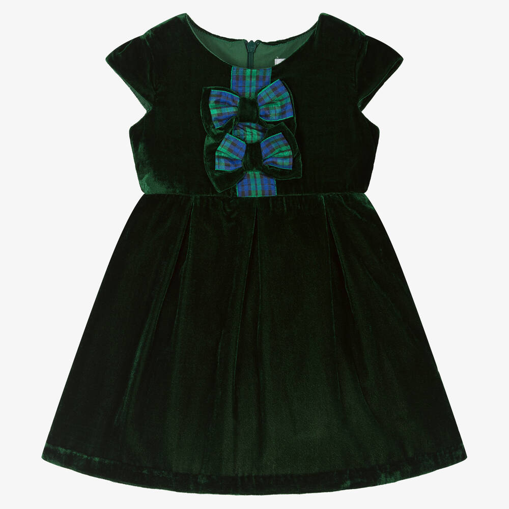 Rachel Riley - Зеленое бархатное платье с бантиками в клетку | Childrensalon