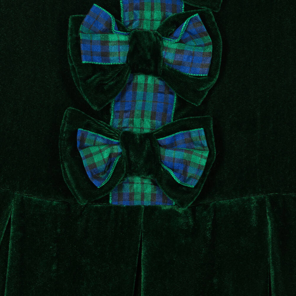 Rachel Riley Baby Girls Green Velvet Tartan Bow Dress