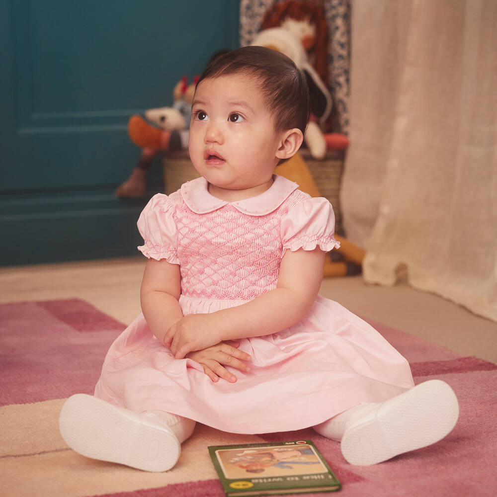 Pink smocked dress baby cheap