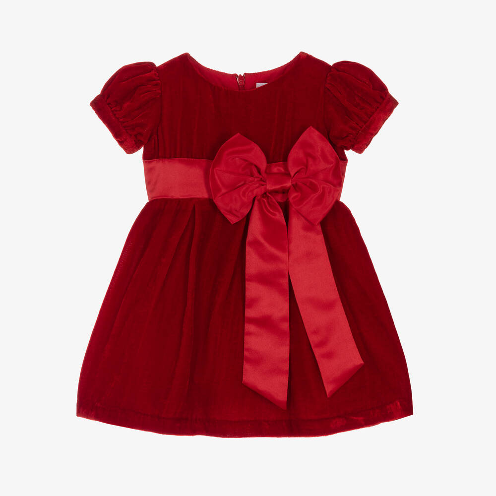 Rachel Riley-Baby Girls Red Crushed Velvet Bow Dress | Childrensalon Outlet