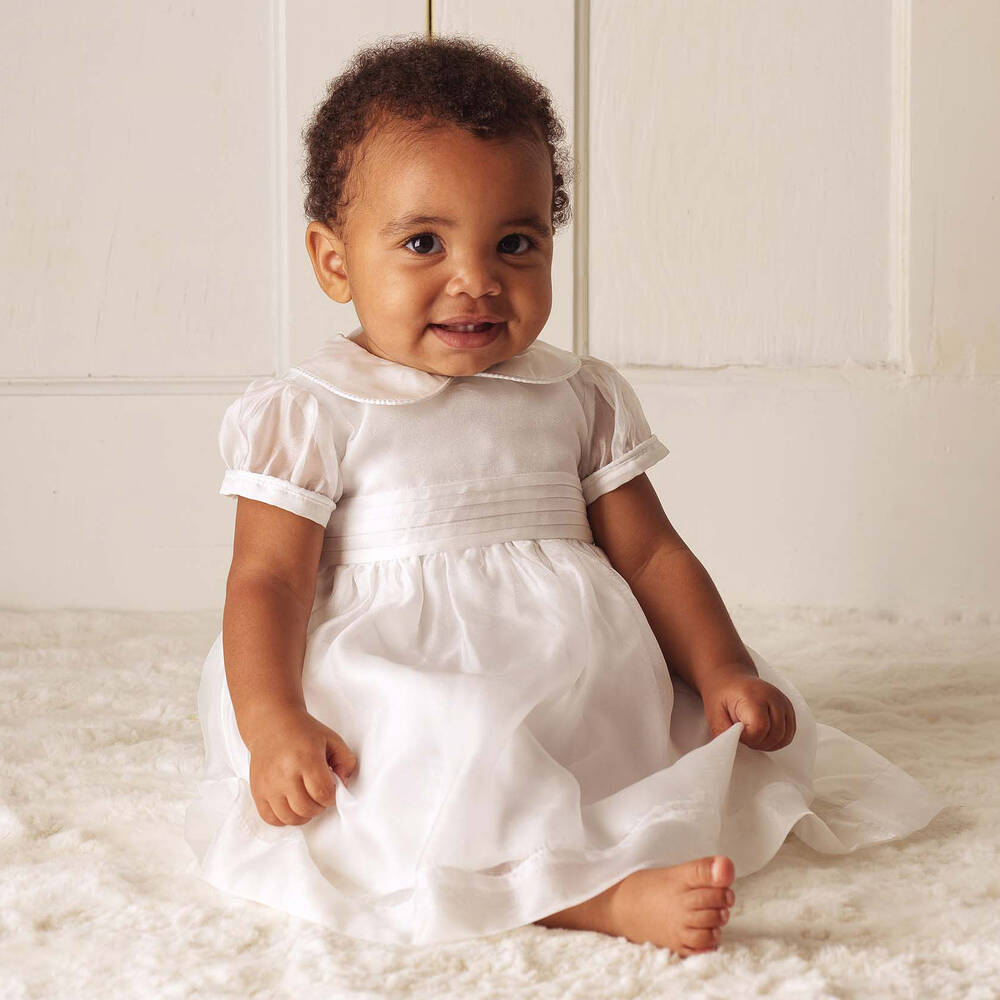 Rachel Riley Baby Girls White Organza Pintuck Dress