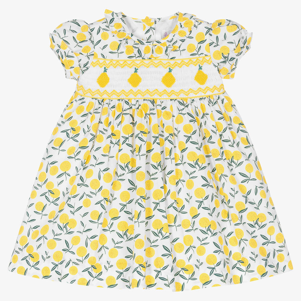 Rachel Riley - فستان مطرز سموكينغ قطن بوبلين لون أصفر وأبيض | Childrensalon