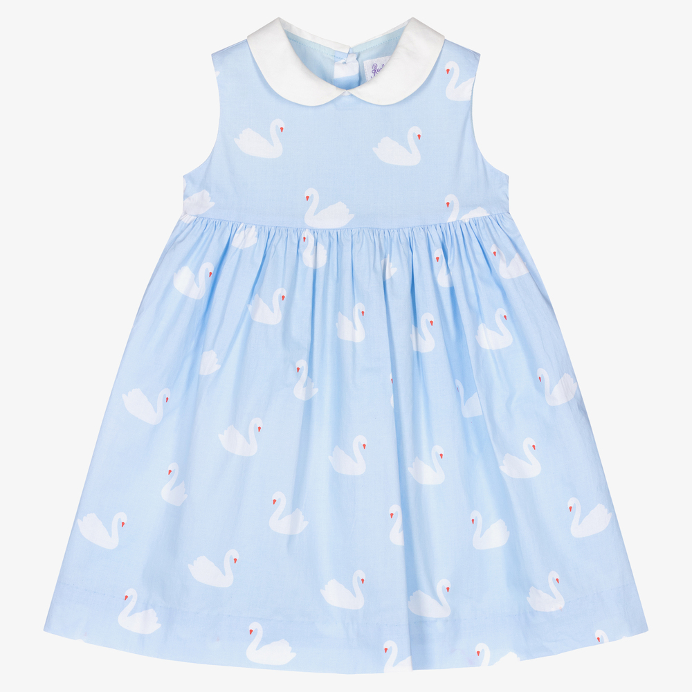Rachel Riley - Голубое хлопковое платье с лебедями для малышек | Childrensalon