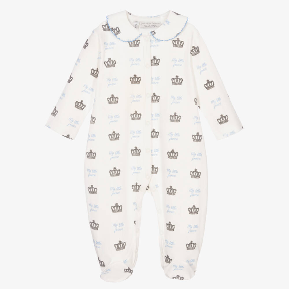 Rachel Riley-Boys Ivory & Blue Cotton Crown Babygrow | Childrensalon Outlet