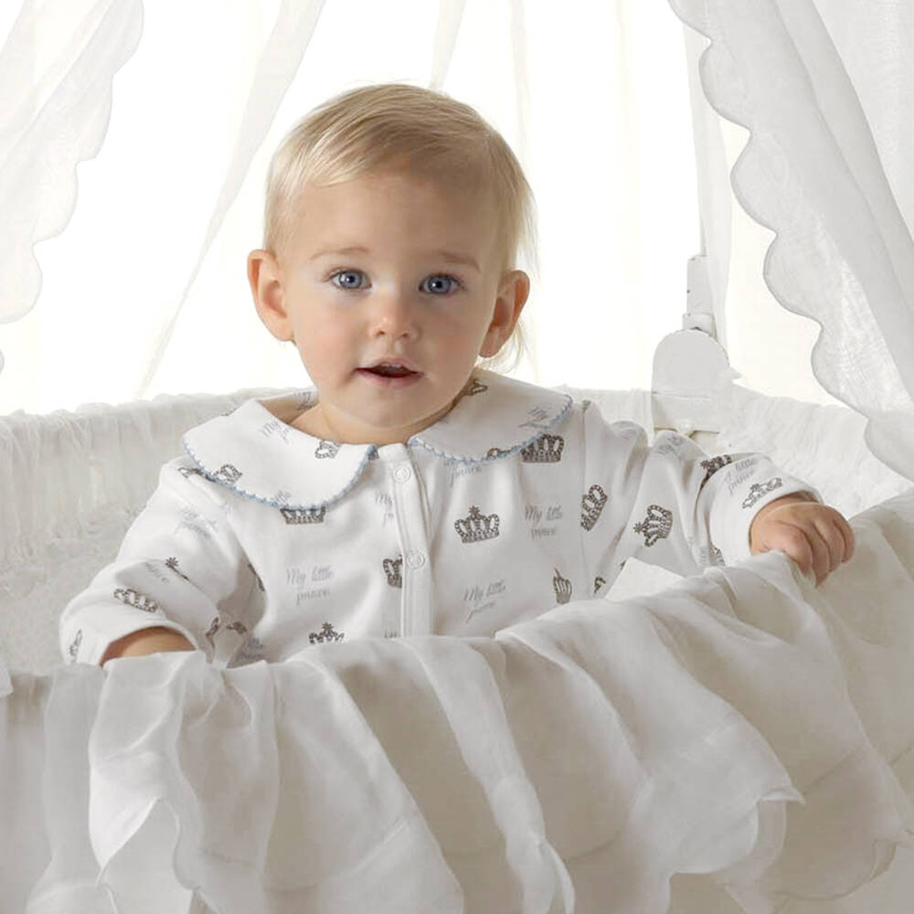 Rachel Riley-Boys Ivory & Blue Cotton Crown Babygrow | Childrensalon Outlet