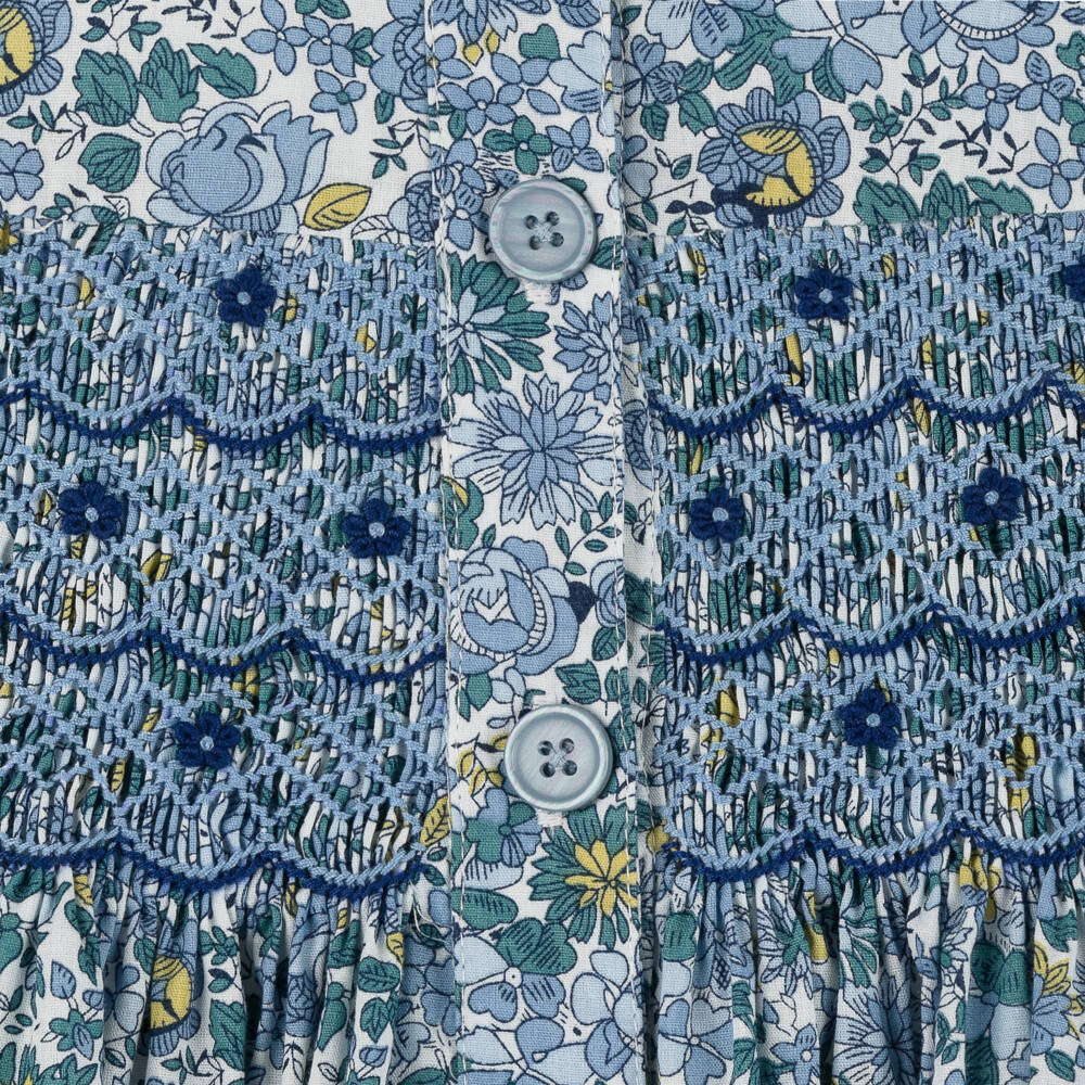 Rachel Riley-Girls Blue Floral Smocked Cotton Dress | Childrensalon Outlet