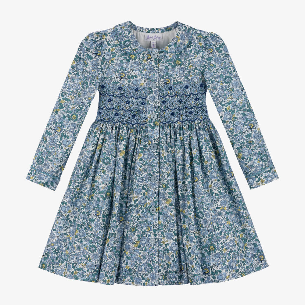 Rachel Riley-Girls Blue Floral Smocked Cotton Dress | Childrensalon Outlet