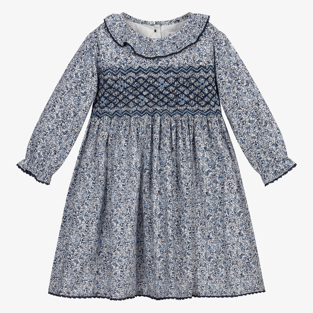 Rachel Riley - Girls Blue Smocked Cotton Dress | Childrensalon