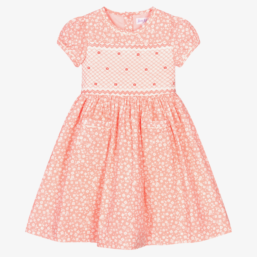 Rachel Riley - Girls Coral Pink Floral Dress | Childrensalon