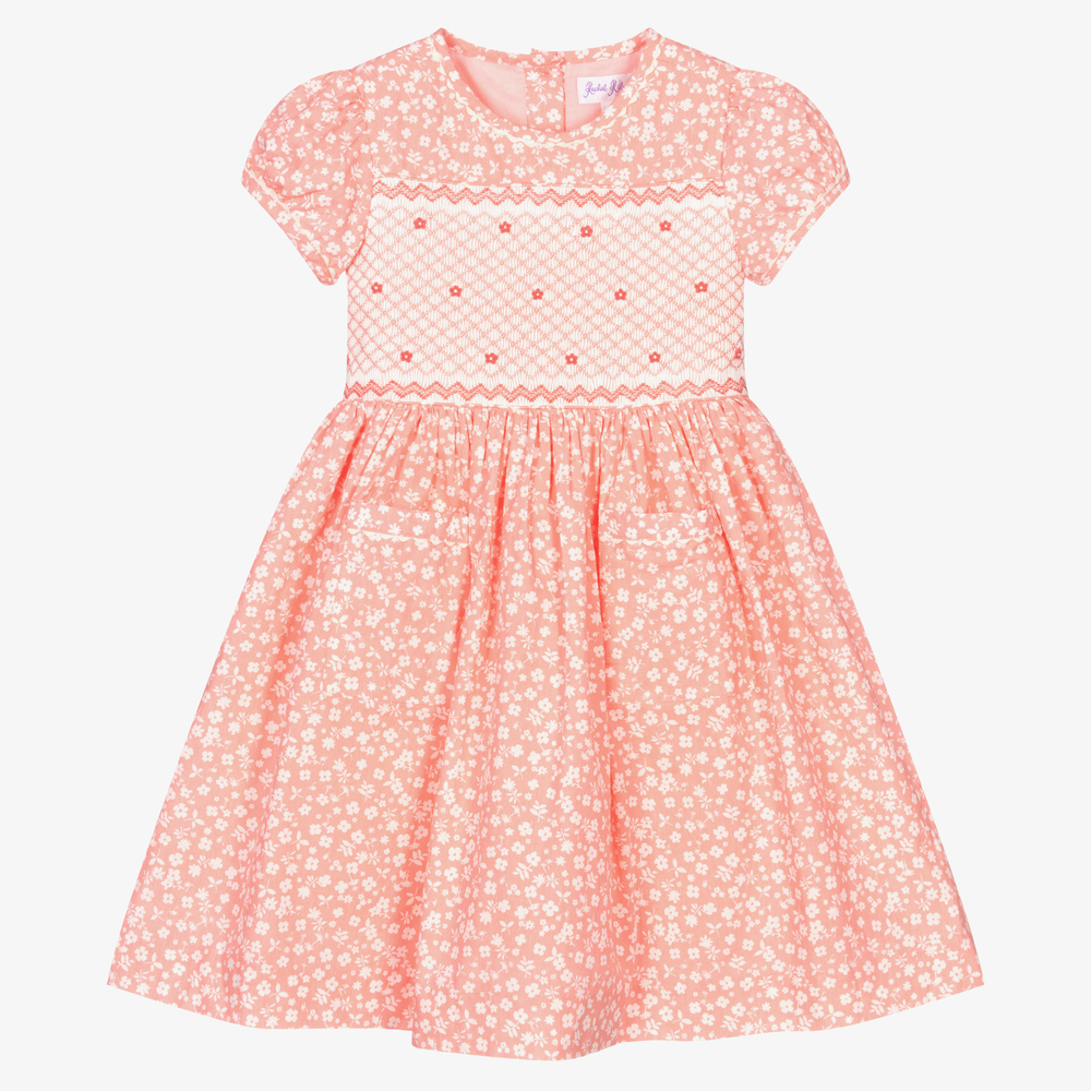 Rachel Riley-Girls Coral Pink Floral Dress | Childrensalon Outlet