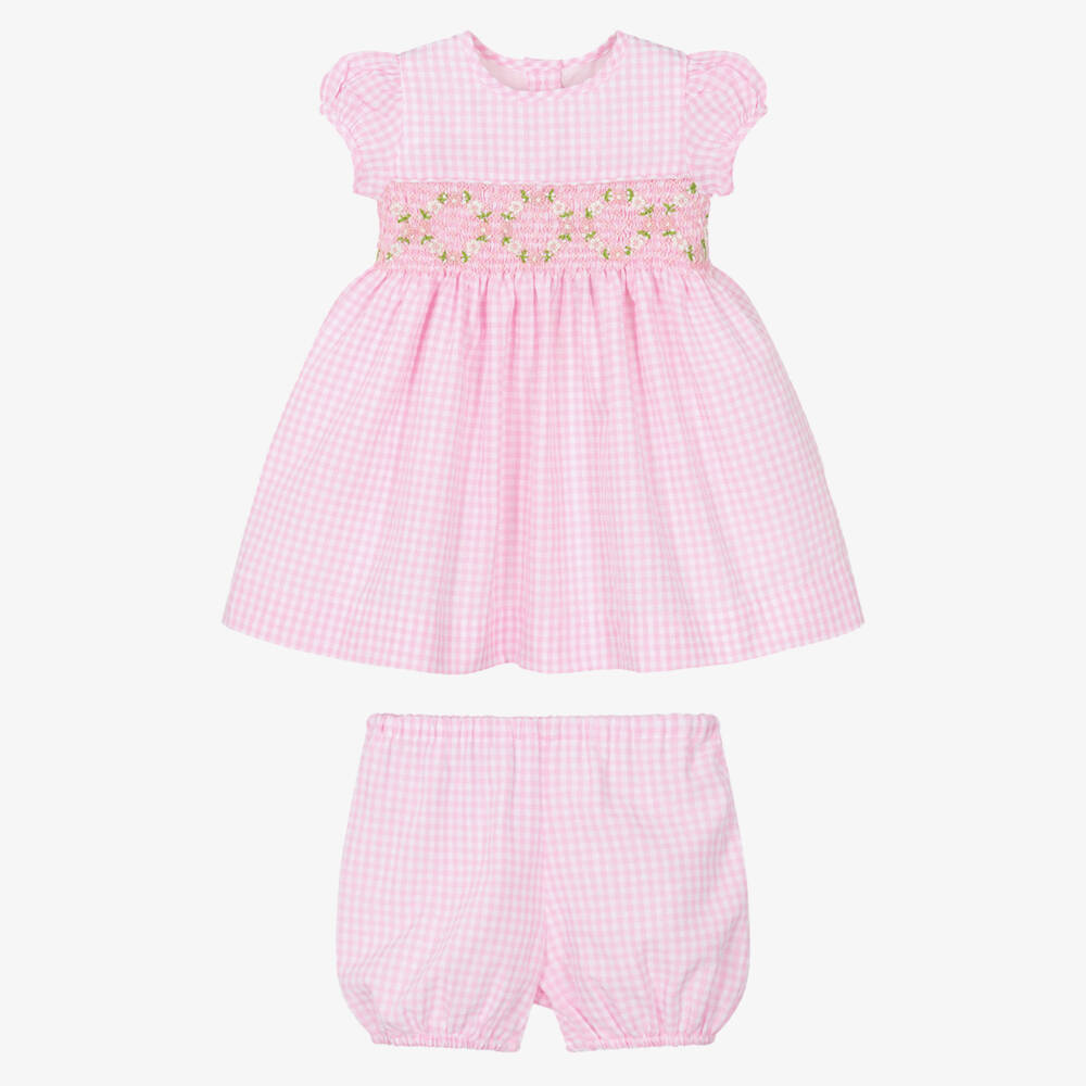 Rachel Riley-Girls Gingham Pink Smocked Dress Set | Childrensalon Outlet