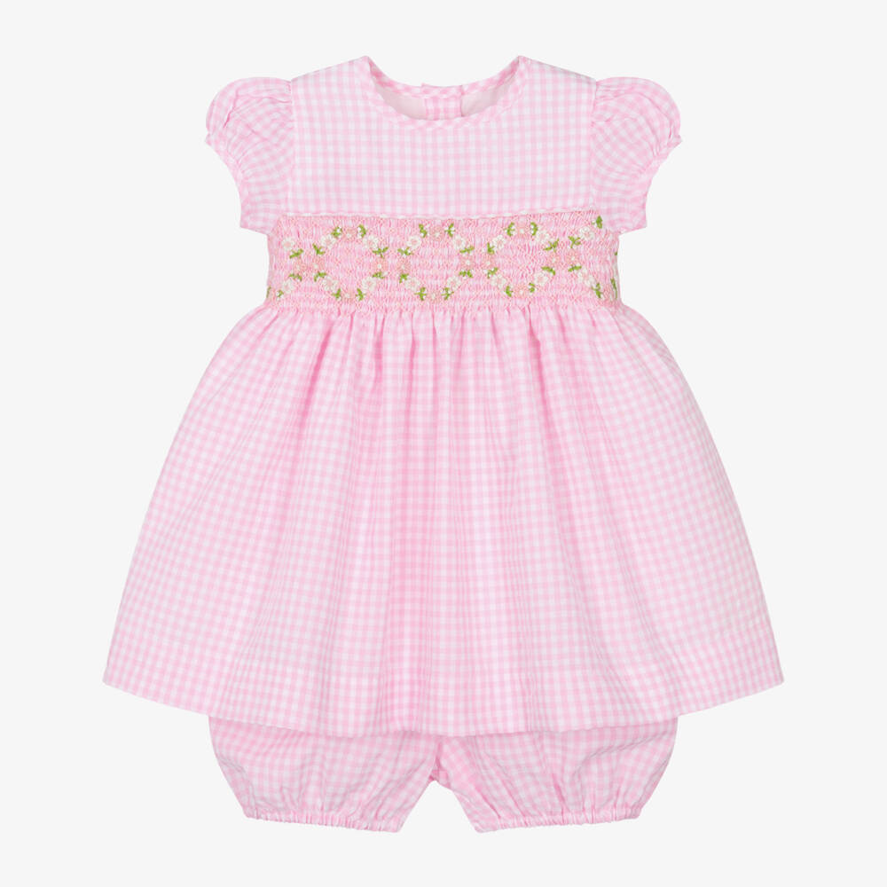 Rachel Riley-Girls Gingham Pink Smocked Dress Set | Childrensalon Outlet