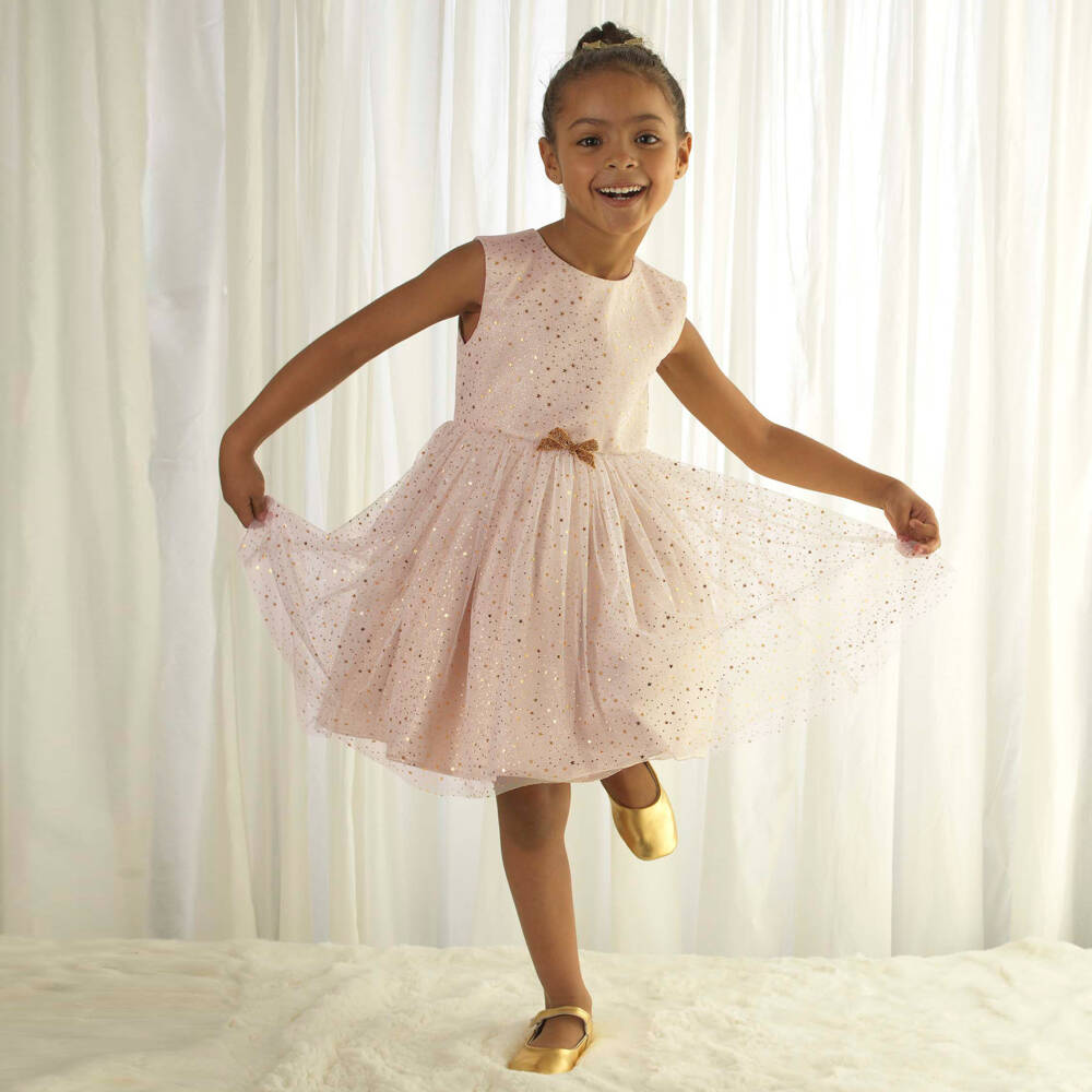 Rachel Riley-Girls Glittery Gold Starry Dress | Childrensalon Outlet