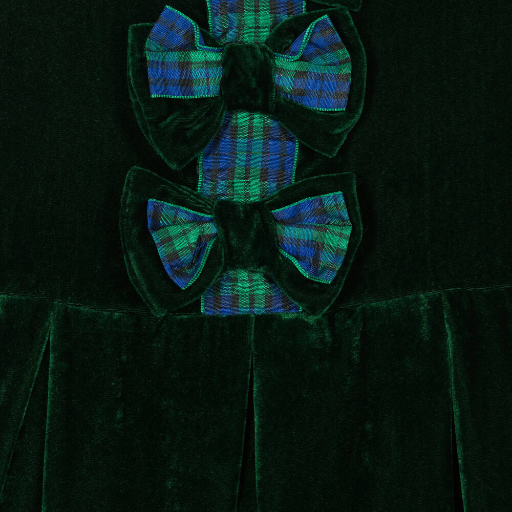 Rachel Riley-Girls Green Velvet Tartan Bow Dress | Childrensalon Outlet