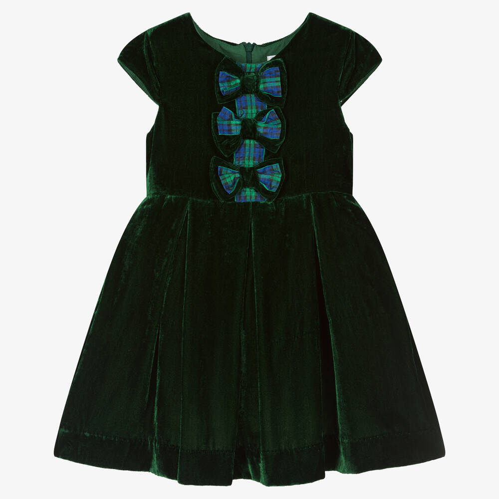 Rachel Riley - Grünes Samtkleid mit Karo-Schleifen | Childrensalon
