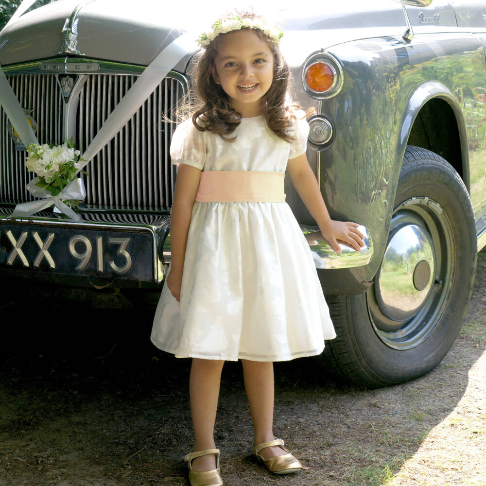 Rachel Riley-فستان عاجي جاكار للبنات مع حزام | Childrensalon Outlet