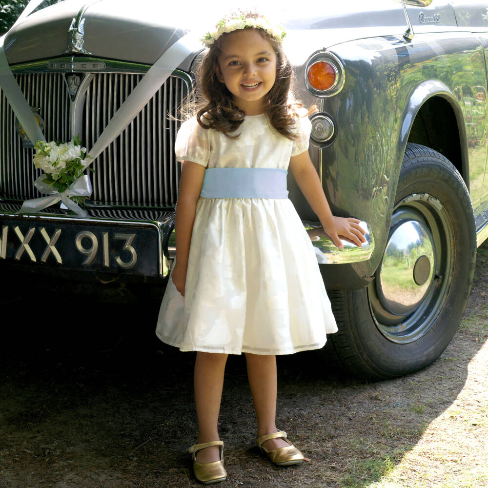 Rachel Riley-فستان عاجي للبنات بحزام أزرق | Childrensalon Outlet