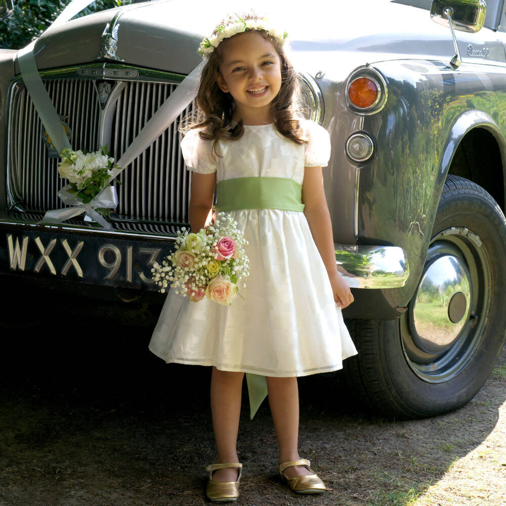 Rachel Riley-فستان عاجي للبنات بحزام أخضر | Childrensalon Outlet