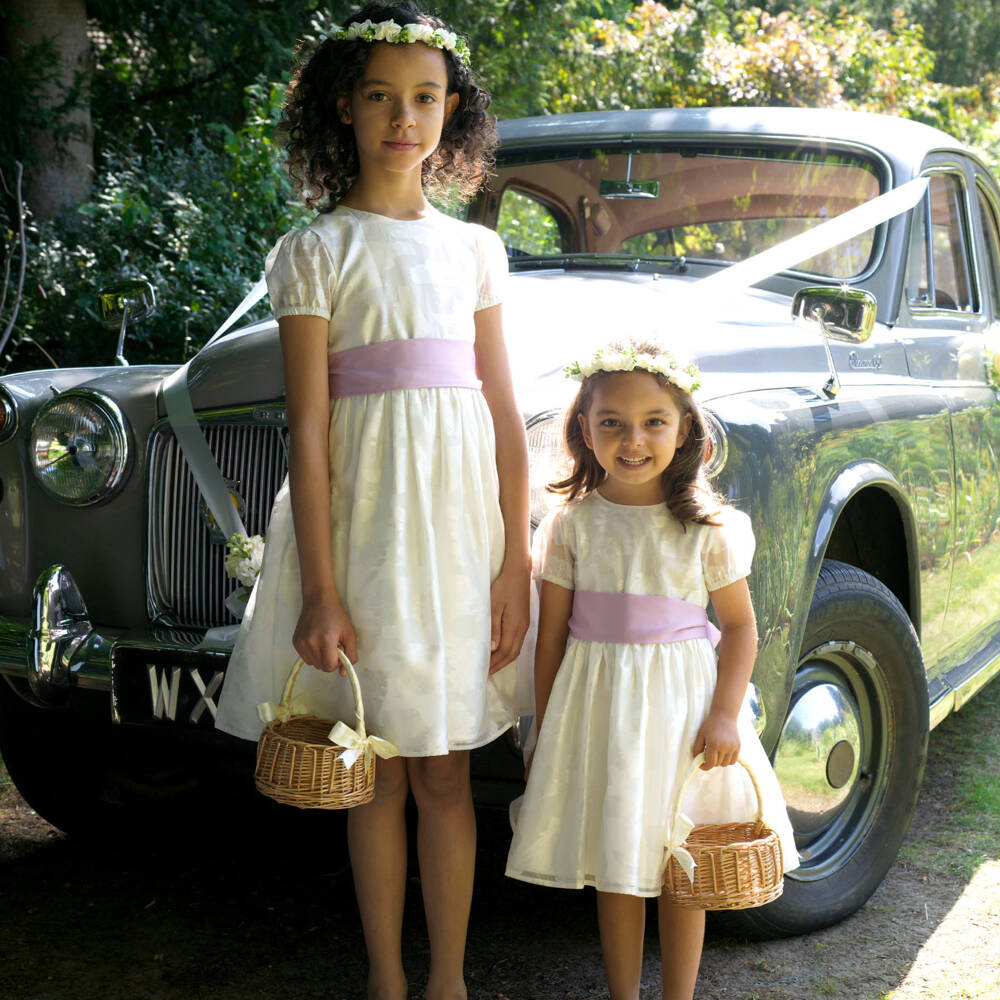 Rachel Riley-فستان عاجي جاكار للبنات مع حزام | Childrensalon Outlet