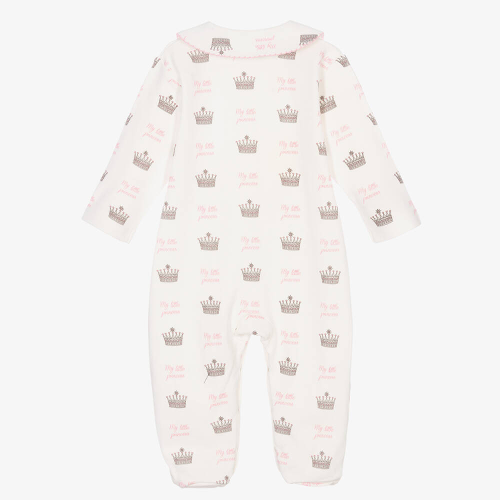 Rachel Riley-Girls Ivory & Pink Cotton Crown Babygrow | Childrensalon Outlet