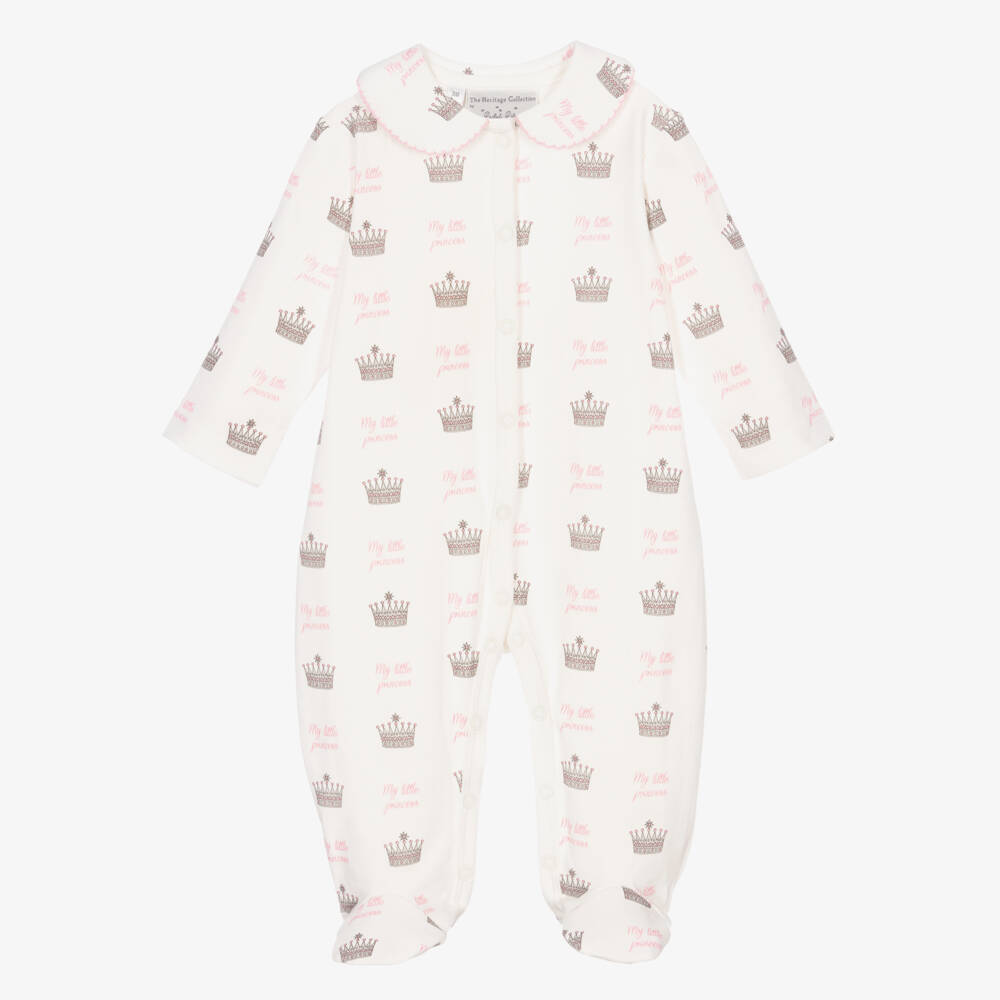 Rachel Riley-Girls Ivory & Pink Cotton Crown Babygrow | Childrensalon Outlet