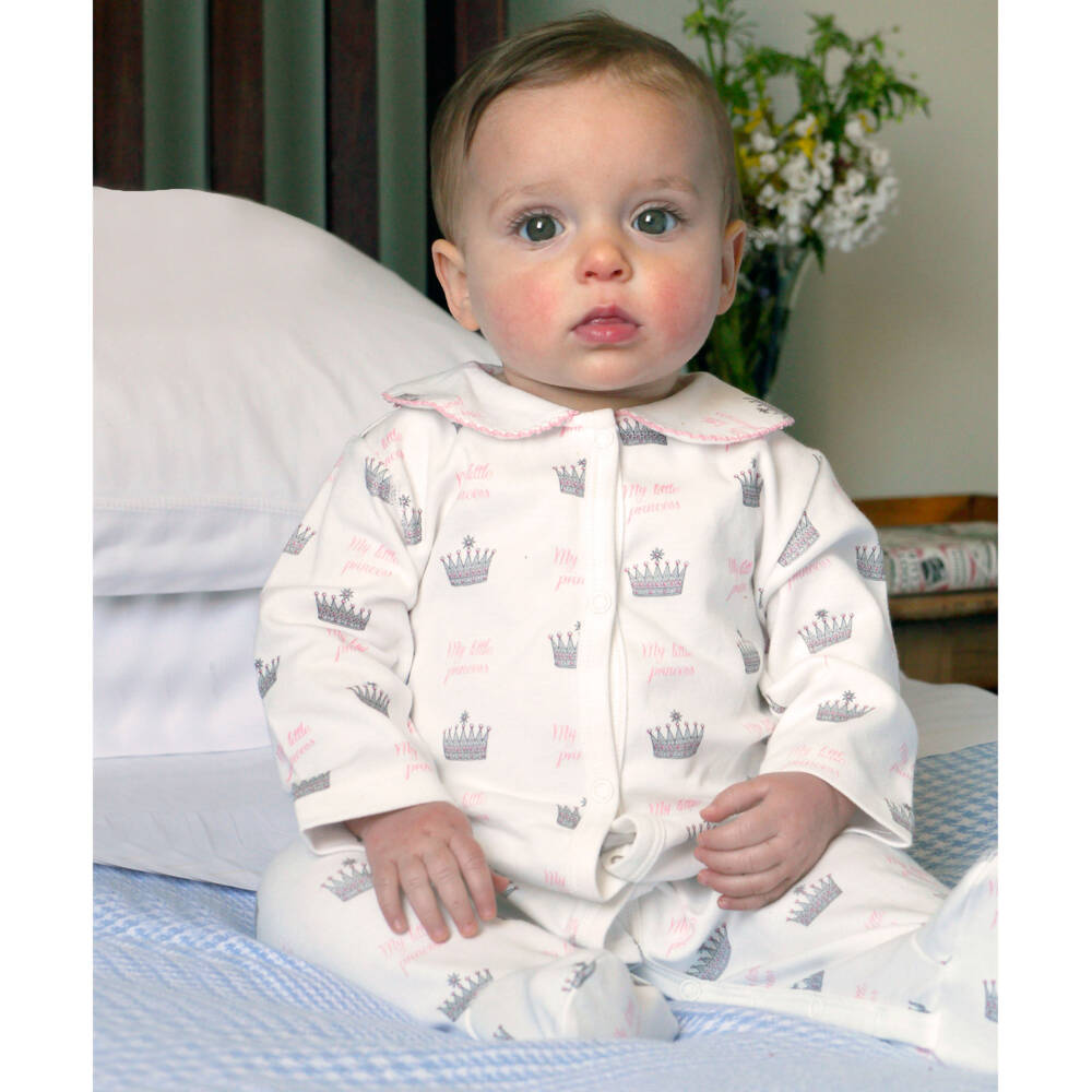 Rachel Riley-Girls Ivory & Pink Cotton Crown Babygrow | Childrensalon Outlet