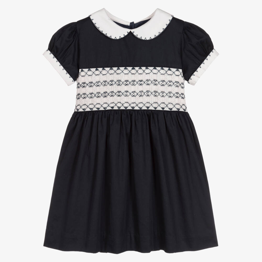 Rachel Riley-Girls Navy Hand-Smocked Cotton Dress | Childrensalon Outlet