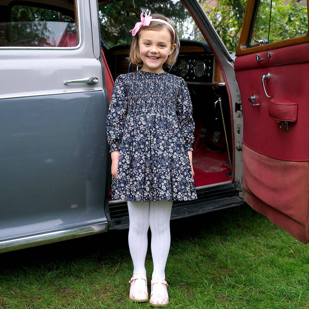 Rachel Riley-Girls Navy Ruched Floral Dress | Childrensalon Outlet