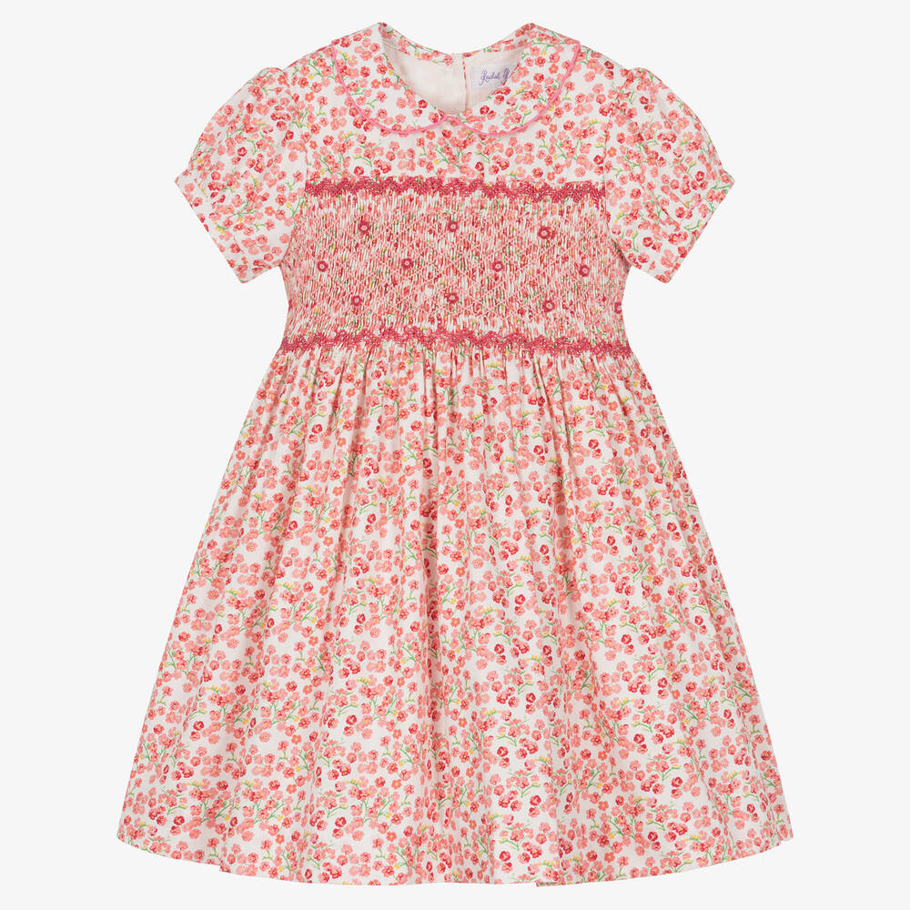 Rachel Riley - Handgesmoktes Kleid in Rosa und Weiß mit Blumenmuster für Mädchen | Childrensalon