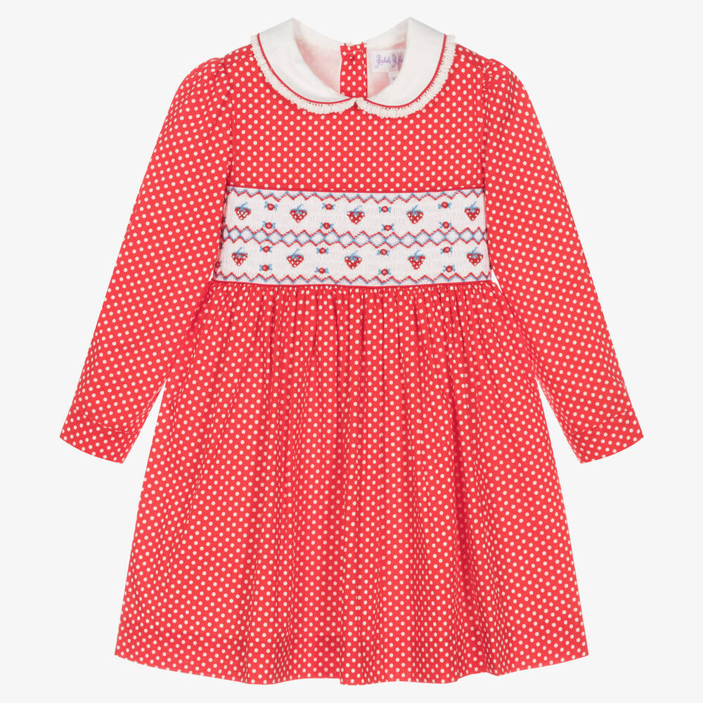 Rachel Riley - Girls Red Smocked Polka Dot Dress | Childrensalon